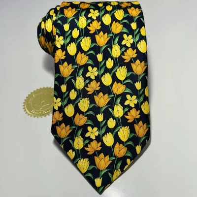 Corbata de seda azul oscuro Burberry genuina con floral amarillo, naranja y verde 61x4” ¡GUAU!  Foto 1 de 4