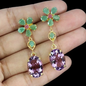 925 Sterling Silver Earrings Oval Amethyst 14x10mm Emerald Ruby Gemstone Jewelry - Picture 1 of 14