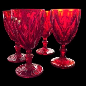 Vintage Ruby Red Goblets Amberina Pedestal Glasses Diamond Pattern Set Of 4 - Picture 1 of 12