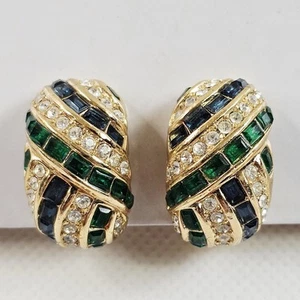 Christian Dior Green Blue & Clear Rhinestone Clip On Earrings Gold Tone MCM Vtg - Picture 1 of 18