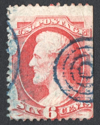 US Sc# 137 USED { H GRILL" 6c LINCOLN } FANCY BLUE CANCELS FROM 1870 CV$ 575.00 - Image 1 of 4