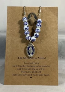 Virgin Mary Miraculous Medal & Ceramic Beads on Sterling Silver Bracelet 7-9” - Picture 1 of 2