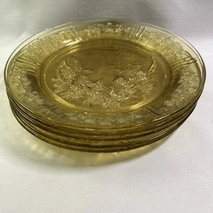 5 Vintage Yellow Federal Depression Glass Plates Sharon Amber Cabbage Rose 9" - Picture 1 of 14