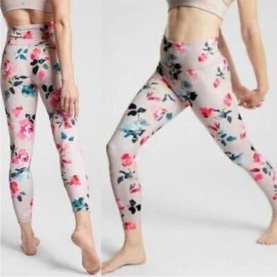 Leggings de tiro medio Athleta Elation 7/8 ajustados pintados con flores rosa orquídea S Foto 1 de 4