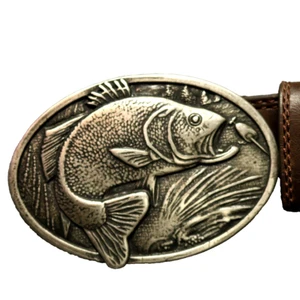 Berkley Bass Fishing Buckle with Distressed Faux Leather Belt  2XL (46-48) - Picture 1 of 14