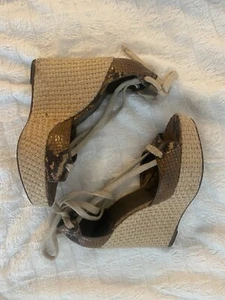 Theory Brown Python Snake Skin Leather Tie Up Boho Wedge Espadrilles EU 37 - Picture 1 of 12