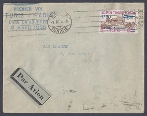 TUNIS 1935 FRANCE FIRST FLIGHT ON AIR FRANCE TUNIS TO PARIS CACHET DATED 2 AVRIL - Picture 1 of 2