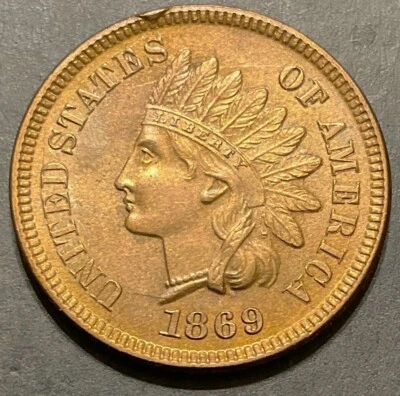 GEM BU UNC 1869 Indian Head Cent Choice SUPER HIGH GRADE LOVELY RED PQ i936 - Image 1 of 2