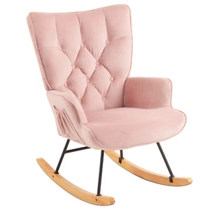 Rocking Chair Nursery Upholstered Glider Rocker with High Backrest Stylish Chiar - Picture 1 of 20