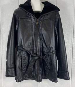 Wilson's Leather Belted Coat Jacket Faux Fur Lined Hooded Black Womens Size 1X - Picture 1 of 13