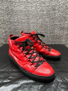 Balenciaga Arena Leather High-Top Lace Up Sneakers Red Black Mens Size 45 EU - Picture 1 of 13