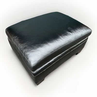 Ralph Lauren Home Leather Ottoman On Wooden Casters Black 32x25” - Image 1 of 4