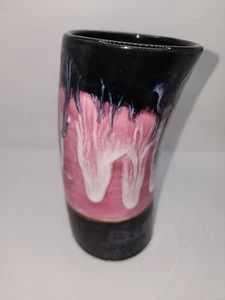 Vintage MCM Black Pink & White Fat Lava Drip Glaze Curved Vase - Picture 1 of 11
