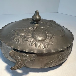 Antiq1890s Kayserinn Pewter Lidded & Footed Bowl Art Nouveau Sun Flower Germany - Picture 1 of 10