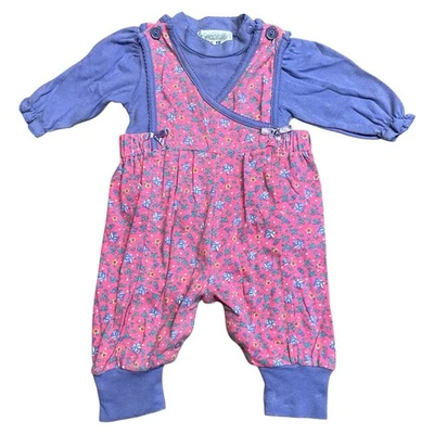Mono vintage para bebés niñas azul florecido y púrpura top 6-9 meses 2 piezas adorable Foto 1 de 4