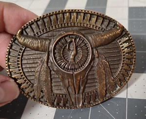 Southwestern Cattle Skull Brass Belt Buckle - Picture 1 of 6