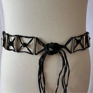 CINTURÓN MUJER BOHEMIO CORBATA FRONTAL BARRAS TONO PLATEADO BORLA VANGUARDISTA CAPRICHO GRUNGE - Imagen 1 de 7