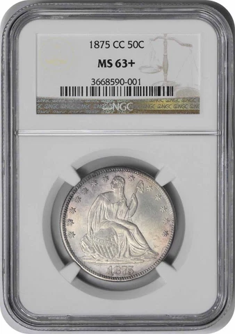 1875-CC Liberty Seated Silver Half Dollar MS63+ NGC Cover