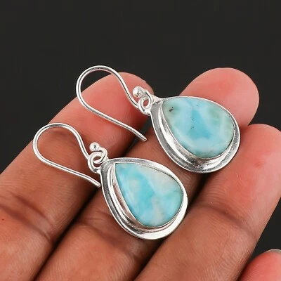 Natural Larimar Gemstone Earring's 925 Sterling Silver Handmade Jewelry Earring - Image 1 of 2