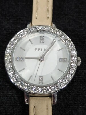 Relic Womans Silver Tone Crystal Accent Round Case Brown Leather Band Watch 7.25 - Image 1 of 4