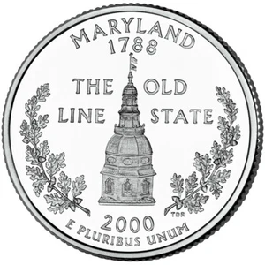 US Quarter coin, USA 25 cents, Maryland State Quarter, 2000 - Picture 1 of 2