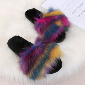 Ladies Fluffy Plush Slippers Sexy Open-toe Flat Slippers Fashionable Winter Warm