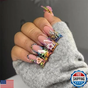 Duck Press on Nails Long French Tip Fake Nails Brown Leopard Print False Nail - Picture 1 of 5