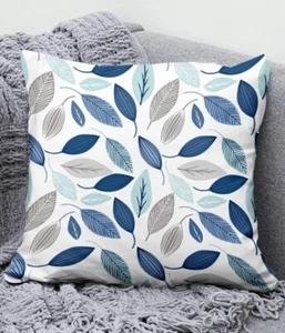 Floral Cushion Cover 45x45cm, Blue, Grey & White Leaf Design, Zipper Opening - Picture 1 of 6