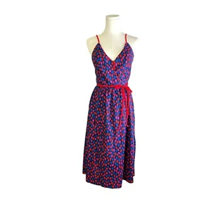 Vintage Lanz Original Tulip Floral Sweetheart V-Neck Red Navy Wrap Sun Dress - Picture 1 of 5