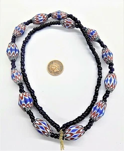 Chevron & Venetian Antique Cobalt Pony Bead 24" African Trade Bead Necklace VN - Picture 1 of 5