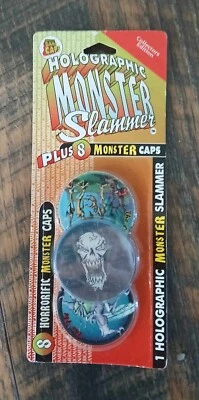 Retro Holographic Monster Slammers Pogs Holo Skull + Zombie Caps Sealed On Card - Image 1 of 4