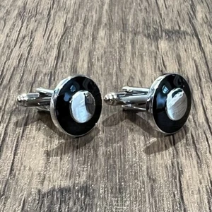 Silver Center Black Rim Round Cufflinks Black Circles Cuff Link With Box - Picture 1 of 6