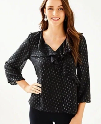 Top Lilly Pulitzer Olenna Marroquí Metálico Talla XL Seda Volantes Ónix Completamente Forrado Foto 1 de 4