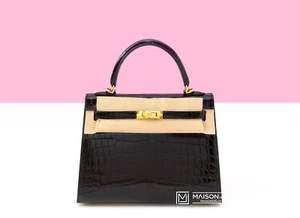 NEW HERMES NOIR BLACK SELLIER KELLY 25 BAG SHINY ALLIGATOR CROCODILE BIRKIN TOTE - Picture 1 of 2