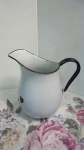 VTG 8" White Enamelware Water Milk Pitcher Jug Black Handle & Trim Does not HOLD - Picture 1 of 6