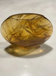 Amber Colored Glass w/ White Marble Swirl Blown Art Glass Oblong Pocket Vase - Picture 1 of 16