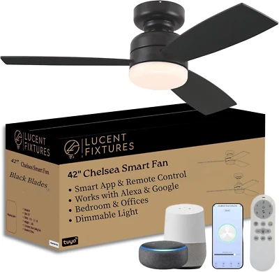 Chelsea Smart Ceiling Fan with Light – Modern 42-Inch Black Ceiling Fan with Rem - Image 1 of 4
