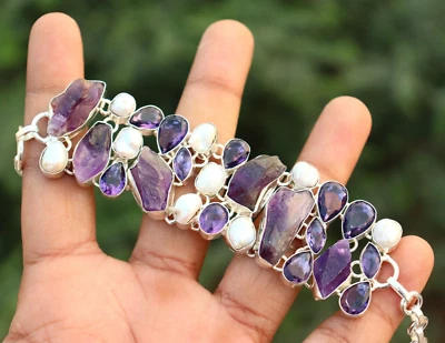 粗紫水晶和珍珠宝石 925 纯银珠宝手链 尺寸 7-8 — 第 1/3 张图片