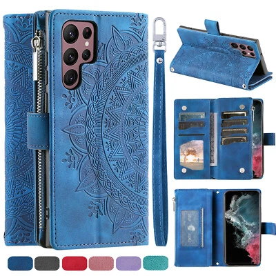 Funda tipo billetera con soporte de cuero con cremallera para Samsung S24 S23 Ultra S22 S21 FE S20 Note20 Foto 1 de 4