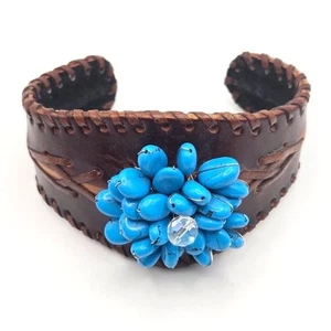 Hand-Crafted Flexible Adjustable Leather Cuff Bracelet with Blue Howlite Cluster - Picture 1 of 6