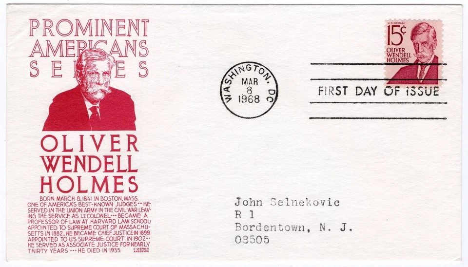 1968 FDC 1288 U. S. Justice Oliver Wendell Holmes, C. S. Anderson maroon cachet - Image 1 of 1