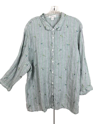 Camisa Coldwater Creek Lino 2X Rayas Verdes Bordadas Flores Verano Playa Foto 1 de 4