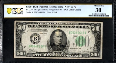 PCGS 30! SERIES 1934 FR.2201-B BOSTON $500 DOLLAR FEDERAL RESERVE NOTE - Image 1 of 2