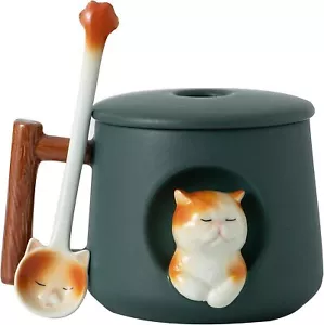 Adorable 3D Ceramic Cat Mug with Lid and Spoon - Perfect for Coffee, Green - Picture 1 of 8