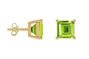 4mm Square Dainty Peridot Stud Earrings 14k Real Gold Prong Set Gemstone Jewelry - Picture 1 of 22