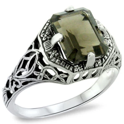 ANILLO ESTILO ART DECO CLÁSICO PLATA ESTERLINA 925 CUARZO AHUMADO GENUINO 240X de 2 quilates Foto 1 de 3