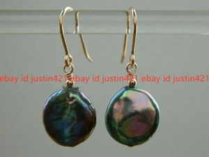 11-12mm Natural Peacock Black Freshwater Coin Pearl Gold Hook Dangle Earrings - Picture 1 of 12