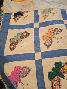 Vintage Antique Butterfly Quilt – 76” x 88” – Blue - Handstitched Handquilted - Picture 1 of 12