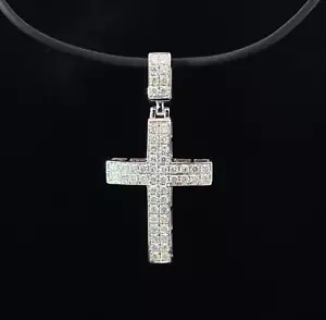 14K White Gold 1.34ct Round Brilliant Diamond Double Row Pave Cross Pendant - Picture 1 of 4
