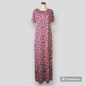 LuLaRoe Maria Maxi Dress Red White Blue Patriotic Spellout Retro Print Size M - Picture 1 of 16